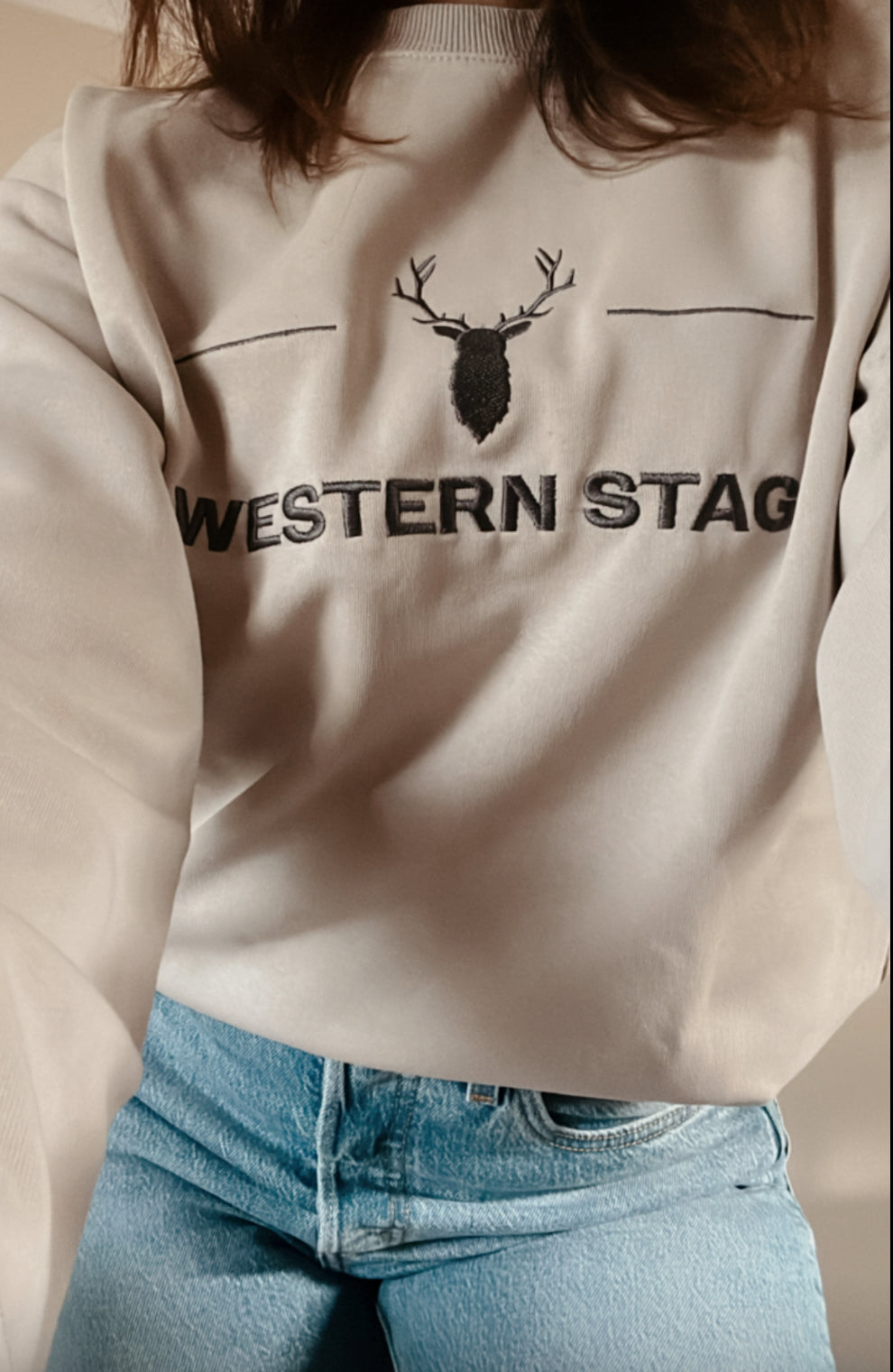 Crewneck jumpers - cream & navy embroidered