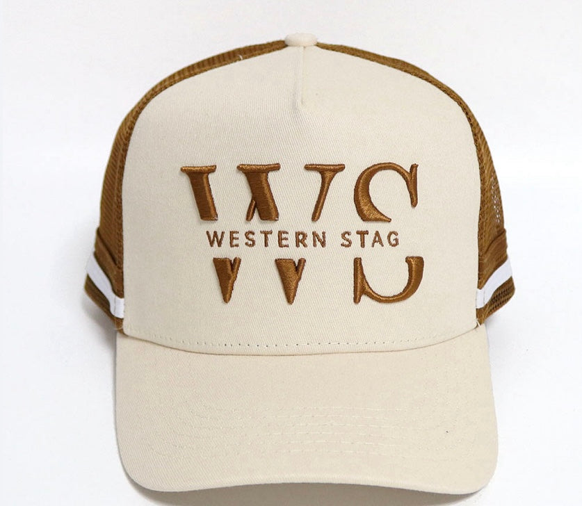 Western Stag Embroidered Trucker Hat - cream