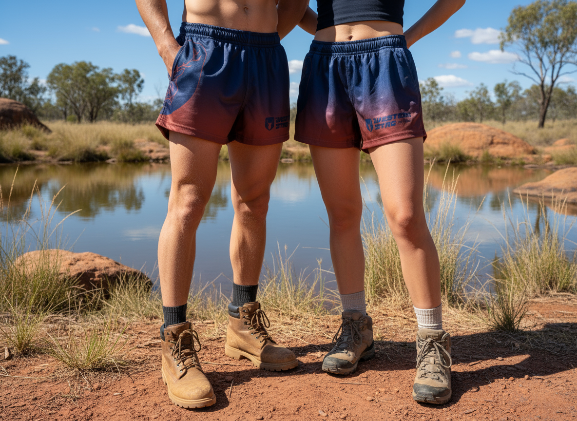 Western Stag Country Outback Footy Shorts - navy / burgundy