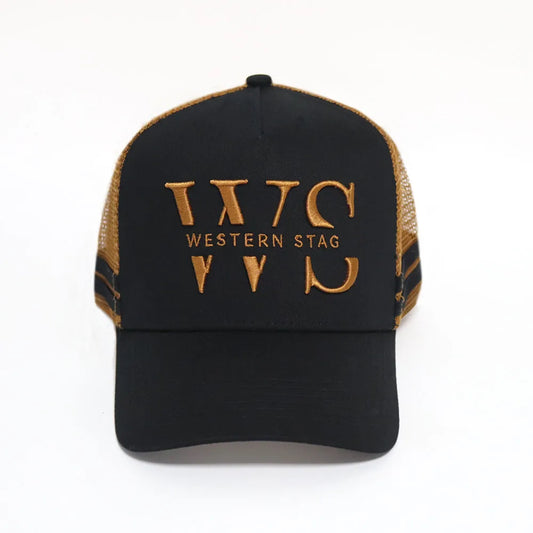 Western Stag Embroidered Trucker Hat - black